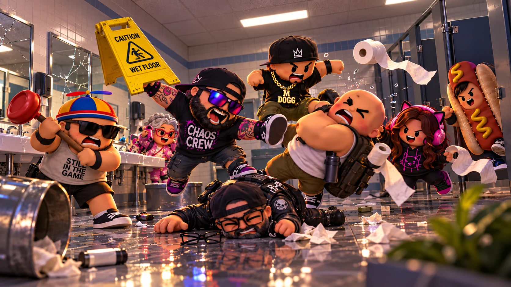Concept illustration of characters causing chaos in an office restroom